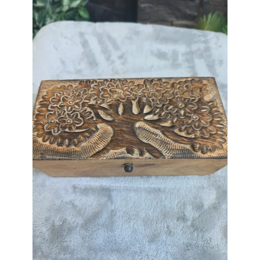 Hand Carved Hinged Wooden Box w/ Tree Design